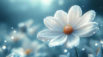 Beautiful white flower blooming with soft bokeh background during golden hour lighting photo