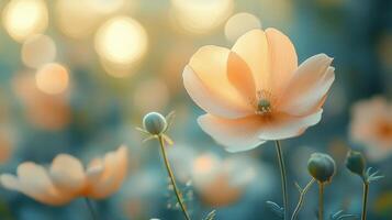 Beautiful white flower blooming with soft bokeh background during golden hour lighting photo