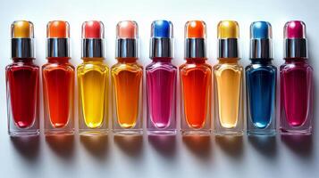 Colorful collection of vibrant nail polish bottles arranged in a neat line on a white surface photo