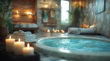 Tranquil evening ambiance with floating candles on water at luxurious spa photo