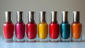 Colorful collection of vibrant nail polish bottles arranged in a neat line on a white surface photo