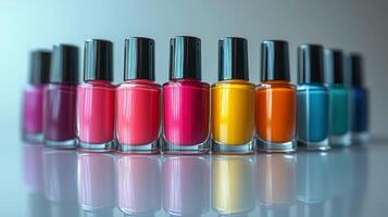 Colorful collection of vibrant nail polish bottles arranged in a neat line on a white surface photo