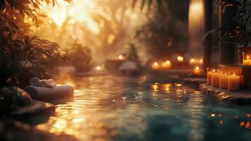 Tranquil evening ambiance with floating candles on water at luxurious spa photo