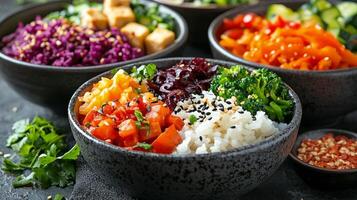 Colorful bowls of fresh and vibrant salad ingredients displayed at a restaurant buffet photo