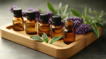 Natural lavender essential oils and flowers arranged on a wooden tray in a calming indoor setting photo