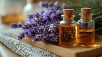 Aromatherapy essential oils displayed on wooden tray with dried lavender and candles in cozy setting photo