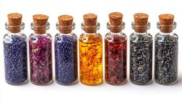 Colorful glass bottles filled with various aromatic substances arranged neatly on a surface photo