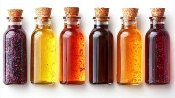 Colorful glass bottles filled with various aromatic substances arranged neatly on a surface photo