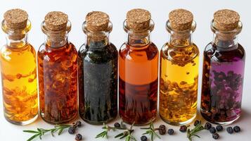 Colorful glass bottles filled with various aromatic substances arranged neatly on a surface photo