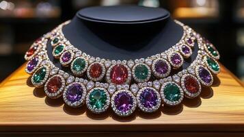 Elegant necklace display showcasing colorful gemstones and intricate design in a luxurious setting photo