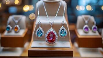 Elegant necklace display showcasing colorful gemstones and intricate design in a luxurious setting photo