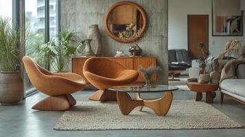 Modern interior design with cozy chairs and lush greenery in a bright living space photo