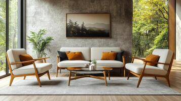 Modern interior design with cozy chairs and lush greenery in a bright living space photo