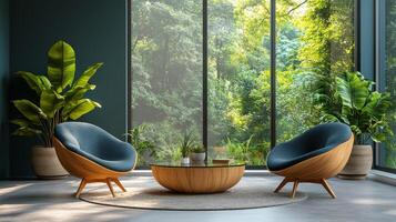 Modern interior design with cozy chairs and lush greenery in a bright living space photo