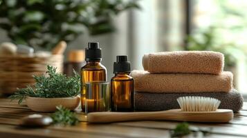Relaxing home spa setup with essential oils and towels for self-care routine photo