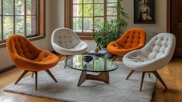 Modern interior design with cozy chairs and lush greenery in a bright living space photo