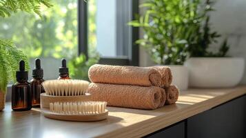 Relaxing home spa setup with essential oils and towels for self-care routine photo