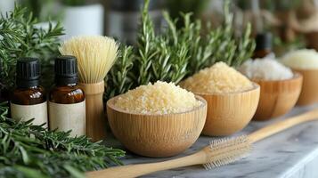 Relaxing home spa setup with essential oils and towels for self-care routine photo