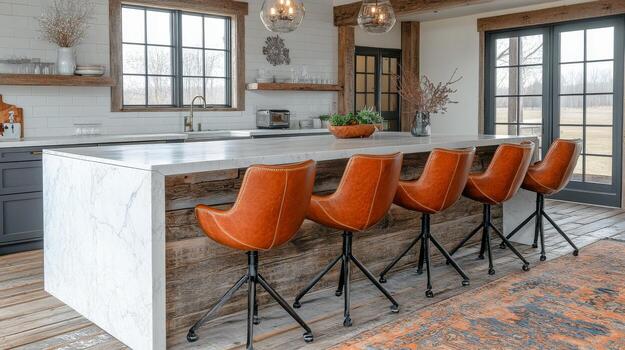 Modern kitchen with rustic elements and stylish seating in a spacious layout photo