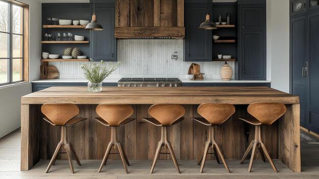 Modern kitchen with rustic elements and stylish seating in a spacious layout photo