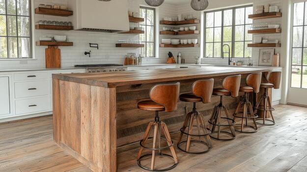 Modern kitchen with rustic elements and stylish seating in a spacious layout photo