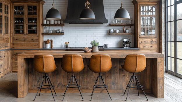 Modern kitchen with rustic elements and stylish seating in a spacious layout photo