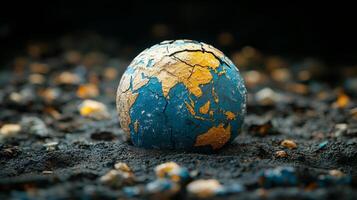 Cracked earth with a globe symbolizing environmental challenges and climate change photo
