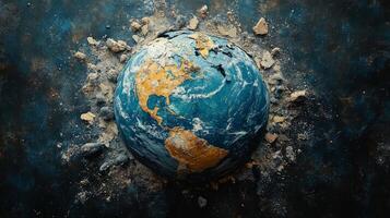 Cracked earth with a globe symbolizing environmental challenges and climate change photo