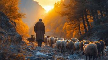 Shepherd guiding a flock of sheep through a mountainous landscape during daylight hours photo
