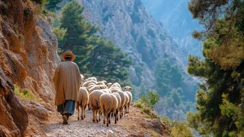 Shepherd guiding a flock of sheep through a mountainous landscape during daylight hours photo