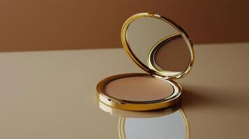 Luxurious golden compact with a mirrored lid resting on a light surface at an elegant angle photo