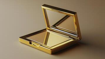 Luxurious golden compact with a mirrored lid resting on a light surface at an elegant angle photo