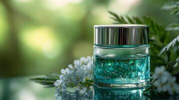 Clear sparkling water in a glass jar on a turquoise background with bubbles rising photo