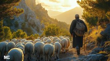 Shepherd guiding a flock of sheep through a mountainous landscape during daylight hours photo