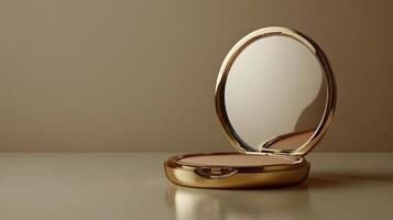 Luxurious golden compact with a mirrored lid resting on a light surface at an elegant angle photo