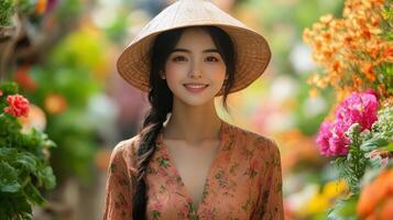 Woman in orange dress walking through flower-lined path at sunset in a tranquil garden photo