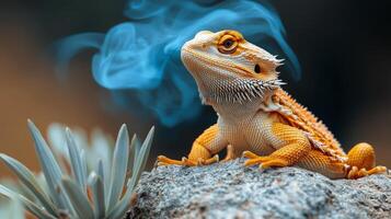 Bearded dragon basking on a rock surrounded by vibrant flowers in a natural habitat during golden hour photo