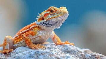 Bearded dragon basking on a rock surrounded by vibrant flowers in a natural habitat during golden hour photo