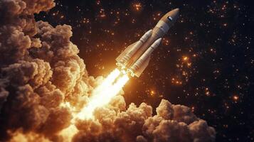 Rocket launches into space surrounded by fiery clouds and sparks from the engines at high velocity photo