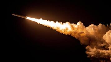 Rocket launches into space surrounded by fiery clouds and sparks from the engines at high velocity photo