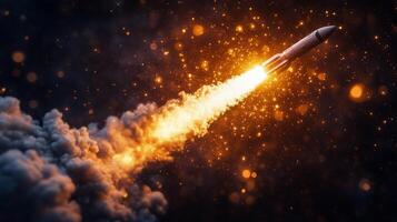 Rocket launches into space surrounded by fiery clouds and sparks from the engines at high velocity photo