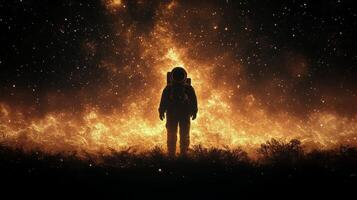 Astronaut standing against a backdrop of flames and stars in a surreal cosmic landscape photo