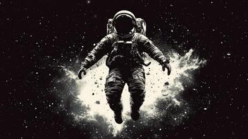 Astronaut standing against a backdrop of flames and stars in a surreal cosmic landscape photo