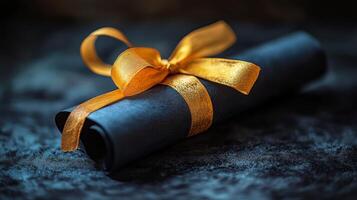 Decorative scroll with a satin ribbon placed on a dark cushioned surface in a tranquil setting photo