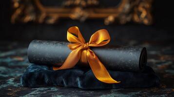 Decorative scroll with a satin ribbon placed on a dark cushioned surface in a tranquil setting photo