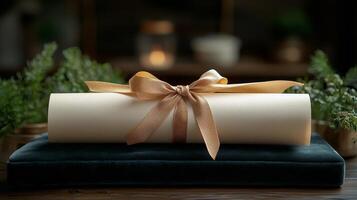 Decorative scroll with a satin ribbon placed on a dark cushioned surface in a tranquil setting photo
