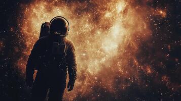 Astronaut standing against a backdrop of flames and stars in a surreal cosmic landscape photo