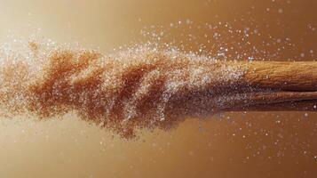Cinnamon sticks sprinkled with sugar on a wooden surface in a warm kitchen setting photo