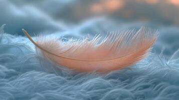 Delicate feather resting on soft blue fabric in tranquil natural light photo