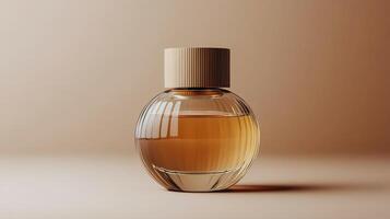 Elegant glass perfume bottle with wooden cap displayed on a smooth beige surface photo